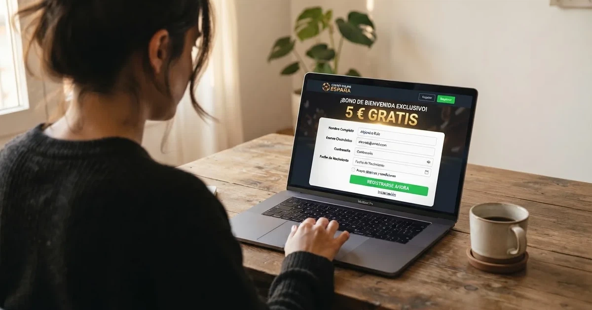 Un ordenador mostrando la página de registro de un casino online español con el mensaje de bono de bienvenida visible en pantalla