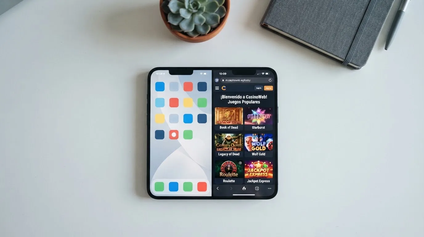 Pantalla dividida de un teléfono móvil mostrando a la izquierda el icono de una app de casino descargada y a la derecha el mismo casino abierto en el navegador Chrome