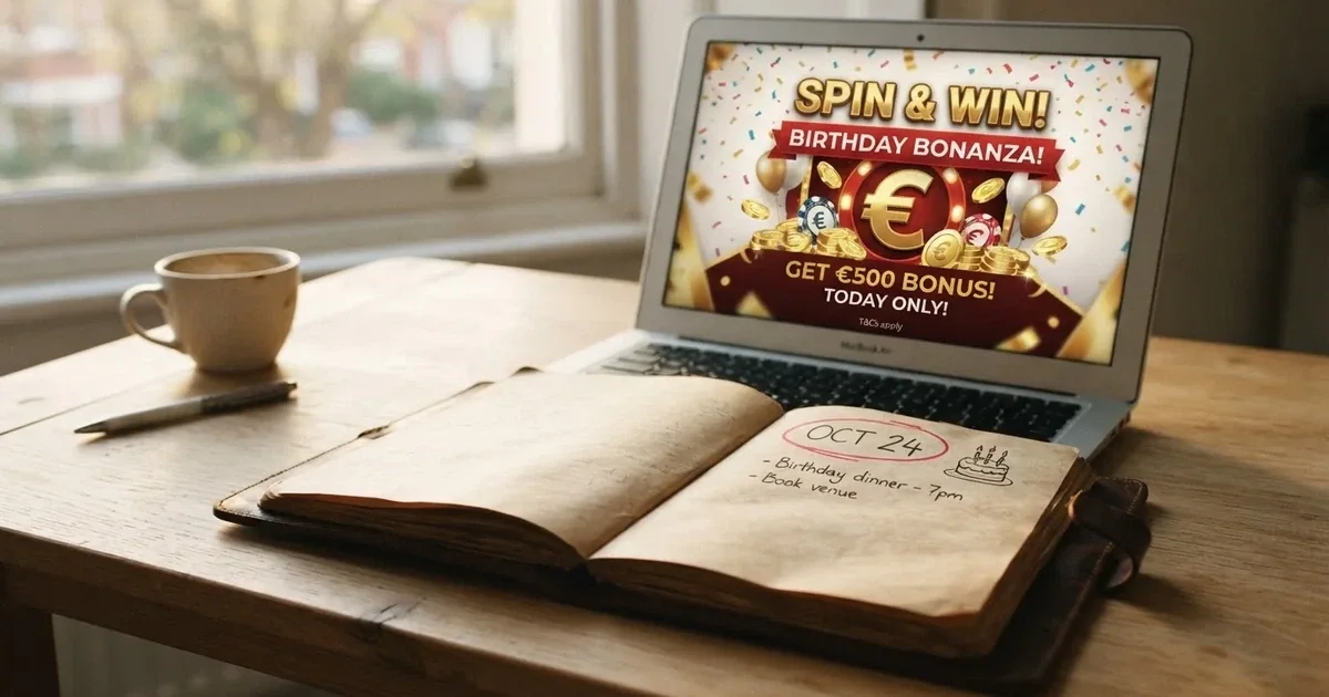 Un calendario con una fecha de cumpleaños marcada junto a una pantalla de casino online que muestra un banner de promoción de cumpleaños