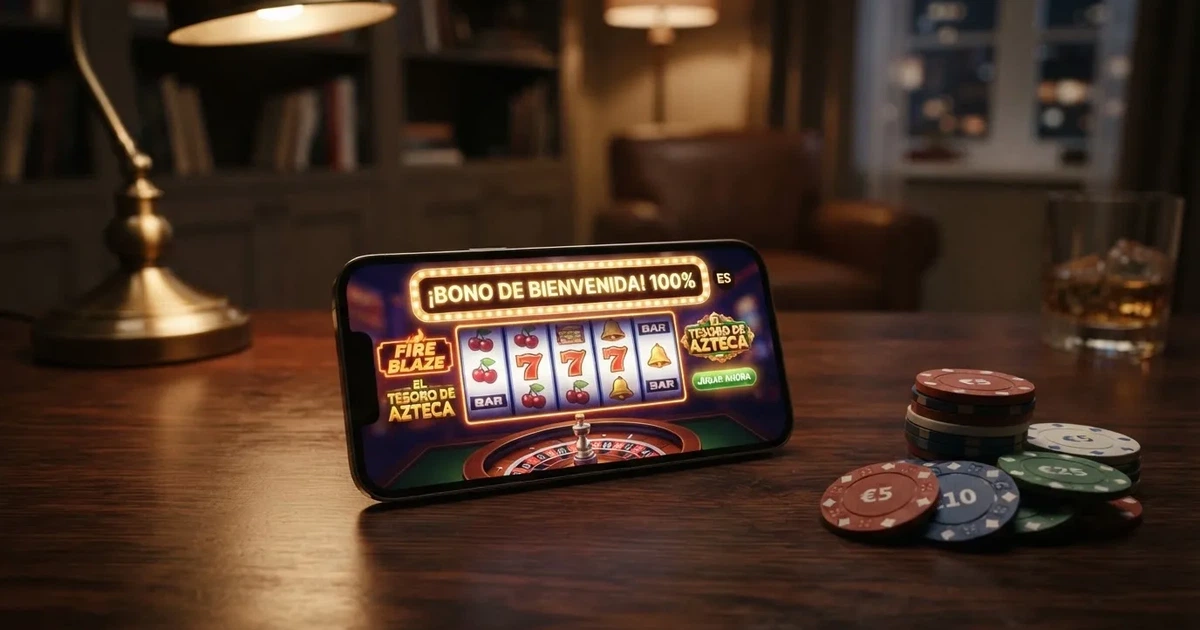 Pantalla de un casino online español con una oferta de bono de bienvenida del 100 % junto a tragamonedas y juegos de mesa