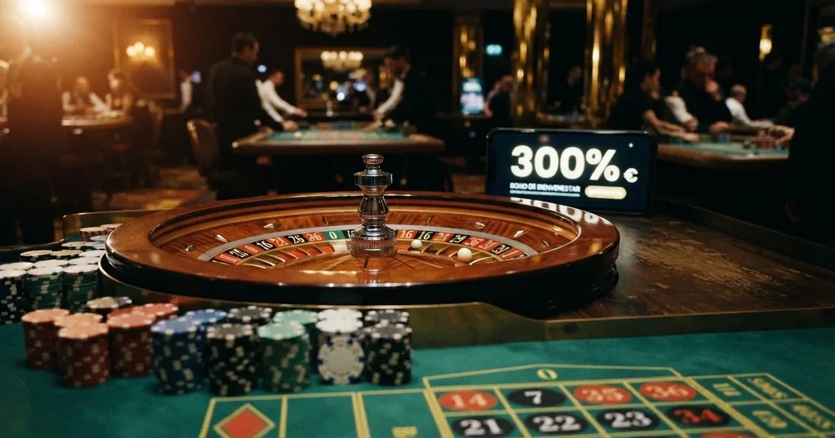 Primer plano de una ruleta de casino con fichas en primer término y una pantalla de móvil mostrando el porcentaje de un bono de bienvenida en segundo plano