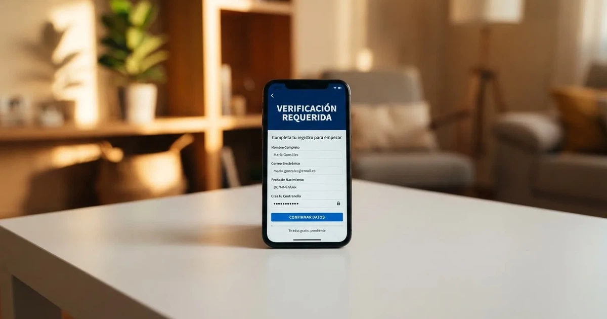 Pantalla de registro en un casino online español con el mensaje de verificación de identidad y el indicador de tiradas gratis pendientes de activación