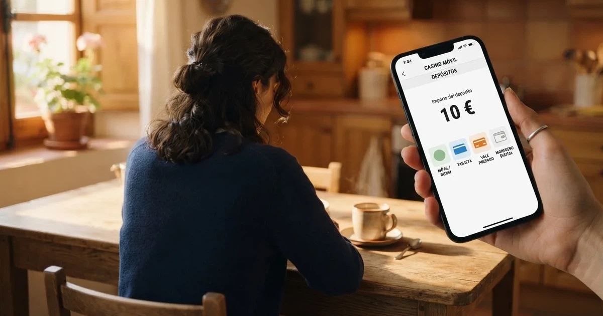 Pantalla de un casino online español con la opción de depósito de 10 euros, mostrando métodos de pago como Bizum, PayPal y tarjeta