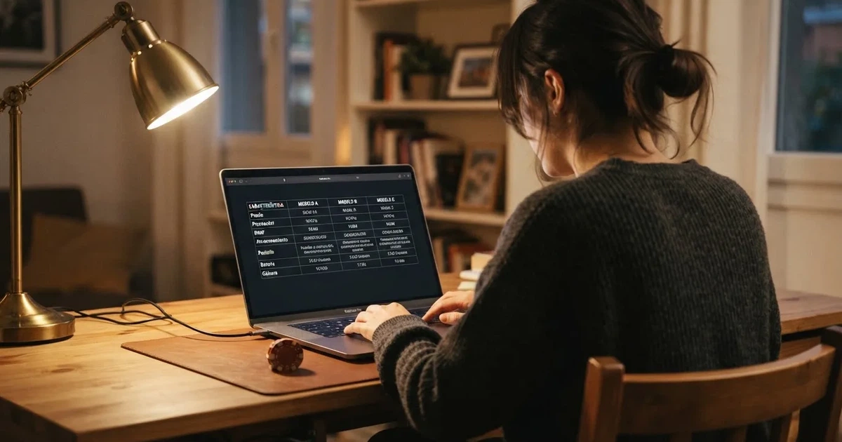Jugador consultando una tabla comparativa de casinos online en la pantalla de un portátil, con una moneda de 5 euros apoyada junto al teclado