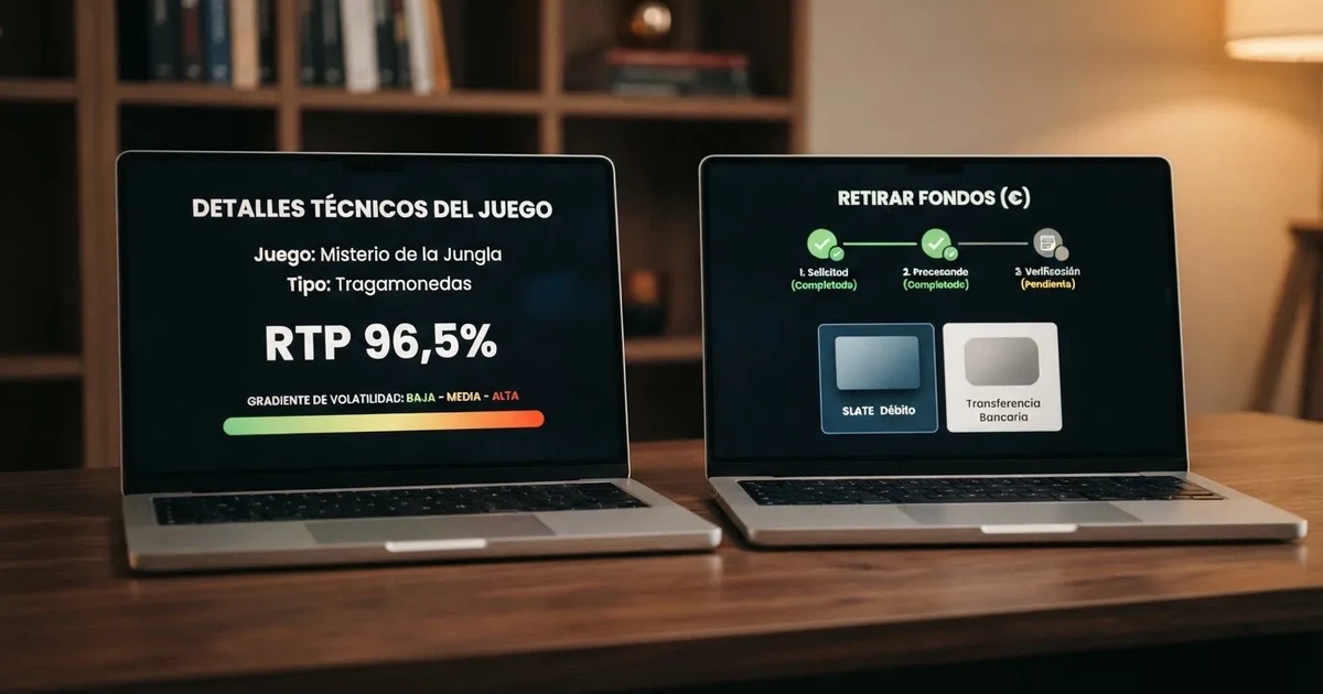 Comparativa visual de dos pantallas de casino online regulado español: una muestra la ficha técnica de RTP de un juego y otra la pantalla de retirada con los métodos de pago disponibles
