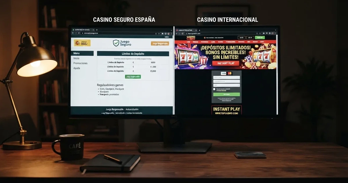 Una pantalla dividida: a la izquierda, un casino online con el dominio .es y los sellos de la DGOJ visibles; a la derecha, una web sin distintivos legales y con reclamos de depósito ilimitado
