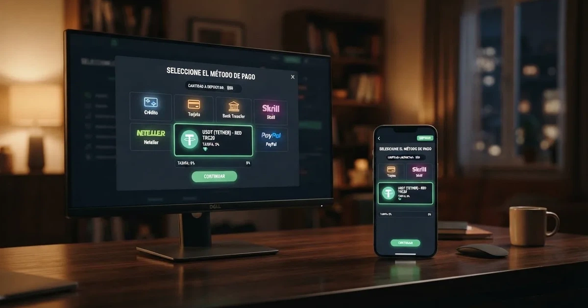 Interfaz de casino en pantalla de ordenador y móvil mostrando la opción de depósito con Tether USDT entre los métodos de pago