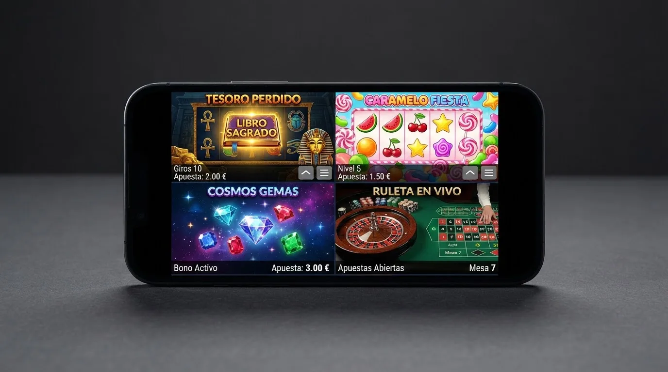 Cuatro pantallas de tragaperras populares (Book of Dead, Sweet Bonanza, Starburst y una ruleta en vivo) alineadas en la pantalla de un teléfono móvil
