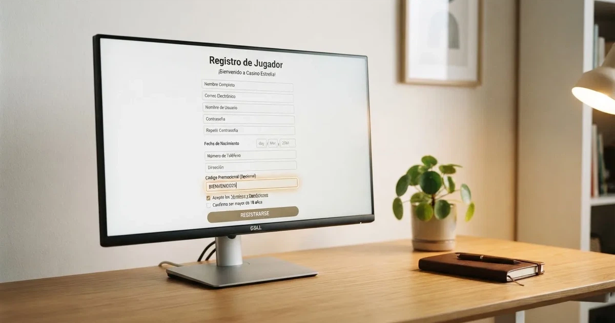 Pantalla de registro de un casino online español con el campo de código promocional visible junto al formulario, en un entorno de escritorio con diseño limpio
