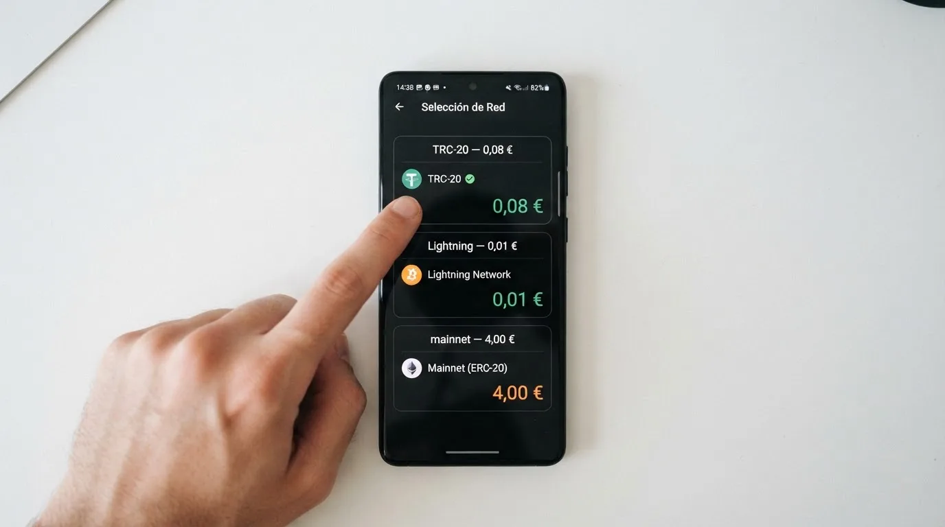 Un monedero de criptomonedas en la pantalla de un móvil mostrando tres redes (TRC-20, Bitcoin, Lightning Network) con sus comisiones en euros al lado