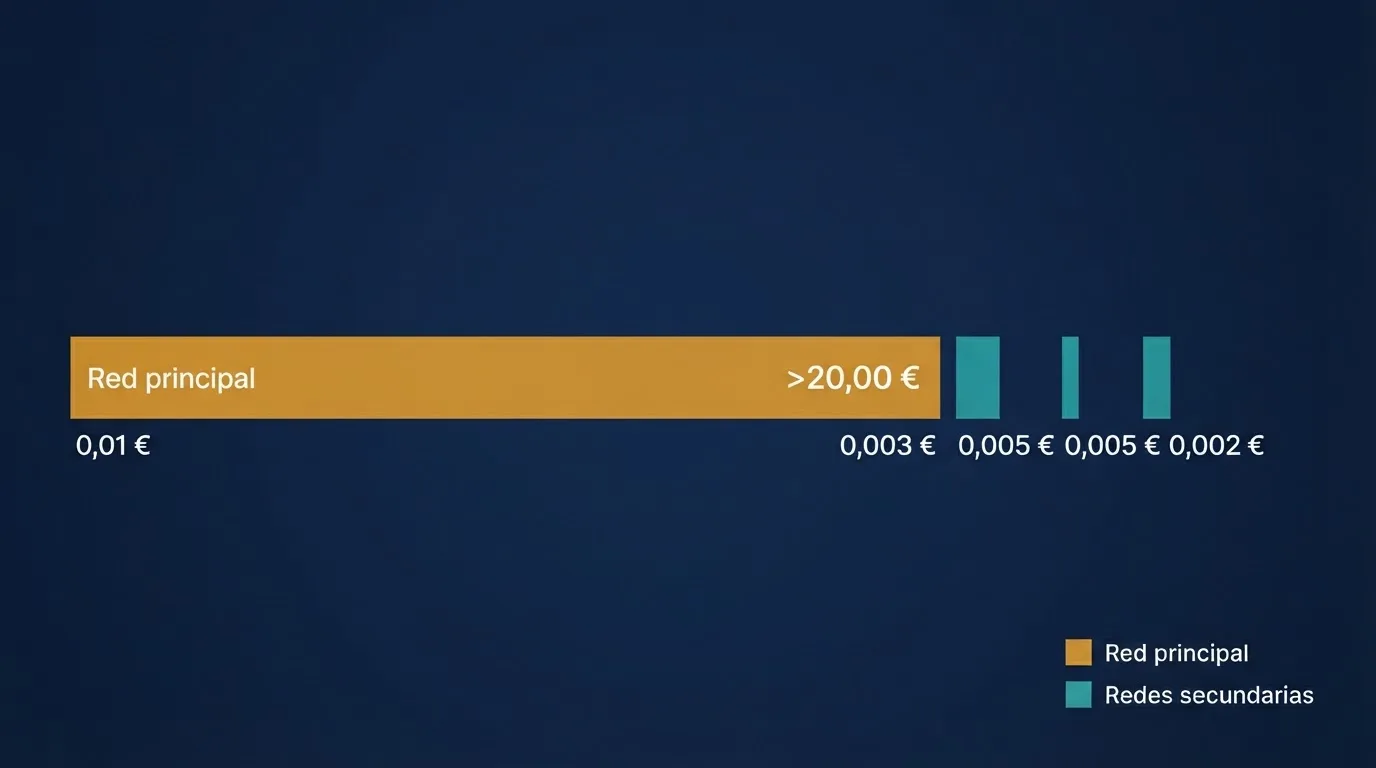 Gráfico comparativo de comisiones por transacción: red principal de Ethereum frente a las principales redes Layer 2