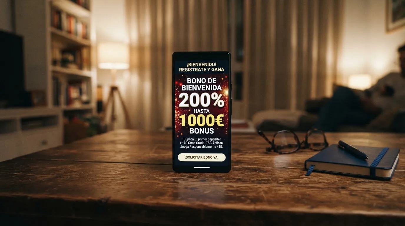 Interfaz de un casino online español mostrando la sección de promociones o el banner de bono de bienvenida con sus condiciones visibles