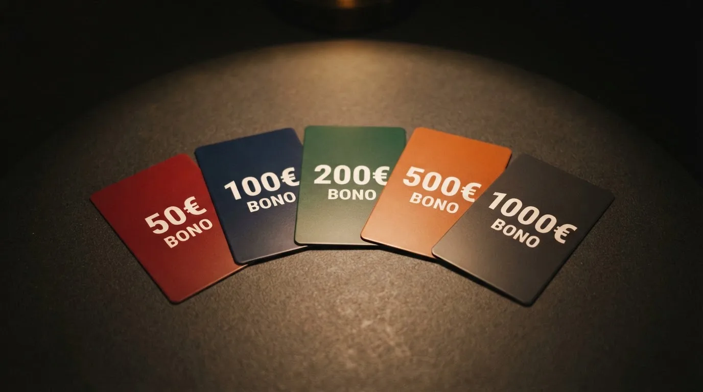 Varias tarjetas de casino dispuestas en abanico sobre una mesa oscura, cada una con un valor de bono distinto destacado