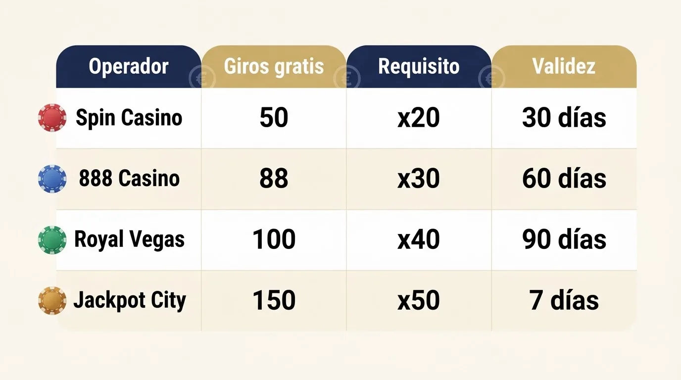 Tabla con los nombres y las condiciones de bienvenida de los principales casinos online con licencia en España