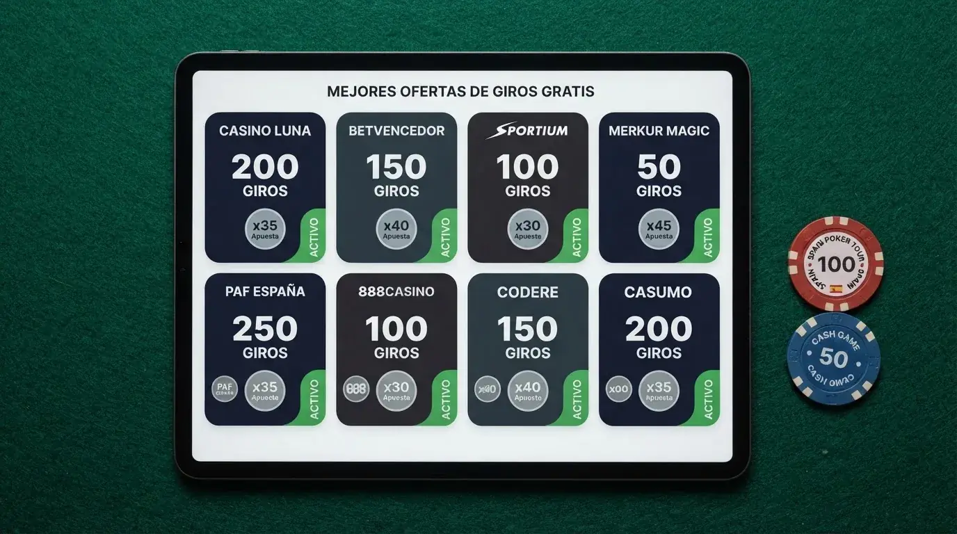 Interfaz de una tabla comparativa con fichas de casino mostrando el número de tiradas gratis, el multiplicador de wagering y el icono de candado de la licencia DGOJ para cada operador