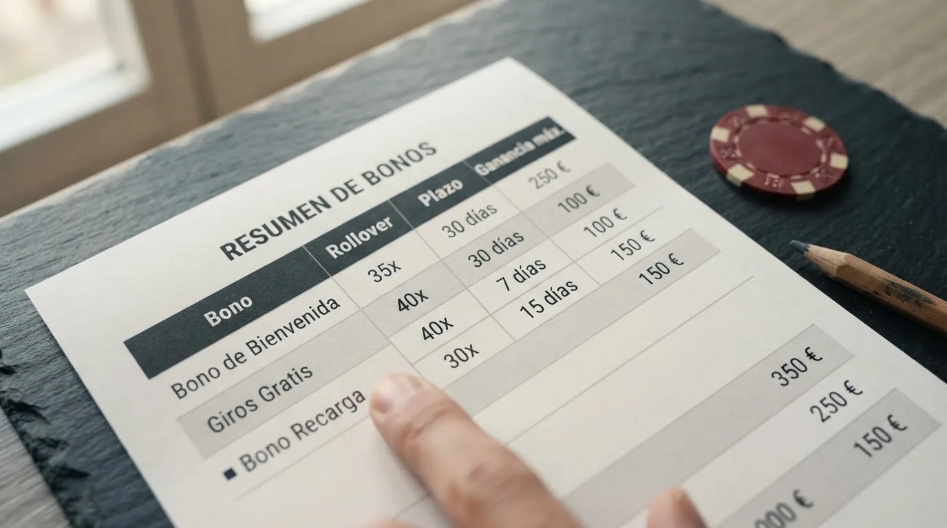 Primer plano de una tabla con requisitos de rollover, plazo de validez y ganancia máxima de varios bonos sin depósito