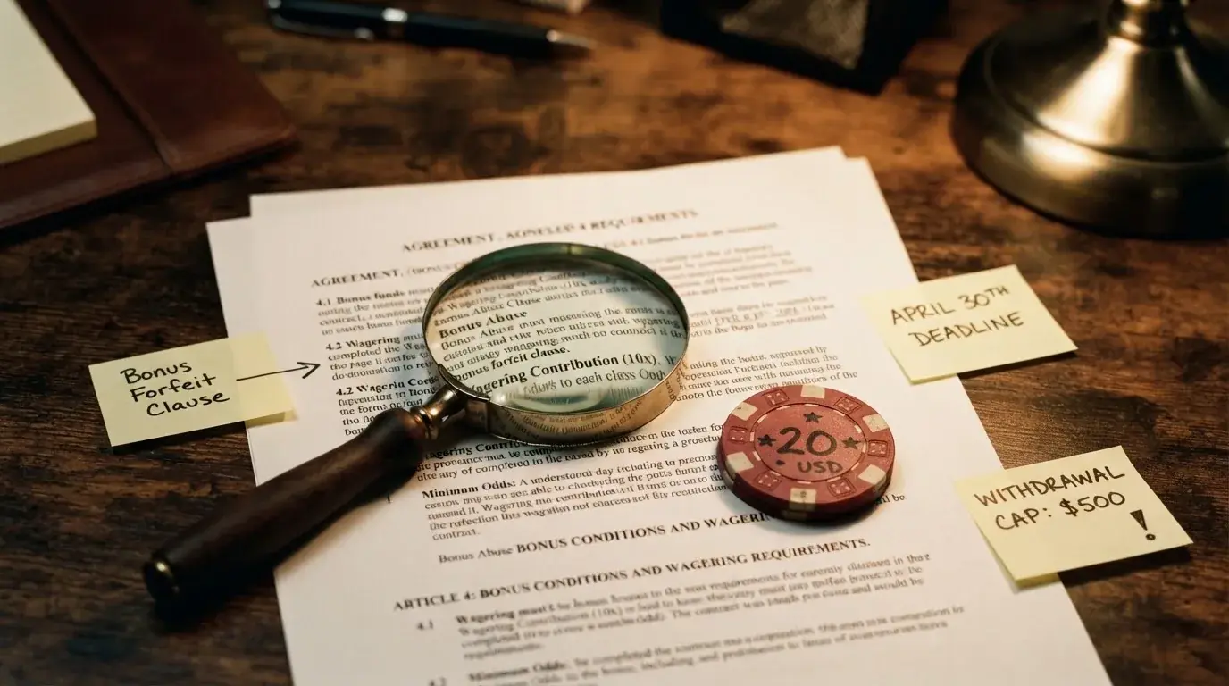 Un primer plano de un contrato con lupa sobre la letra pequeña, junto a una ficha de casino con el texto «20 € bono sin depósito» y anotaciones manuscritas que señalan el rollover, la caducidad y el tope de ganancia