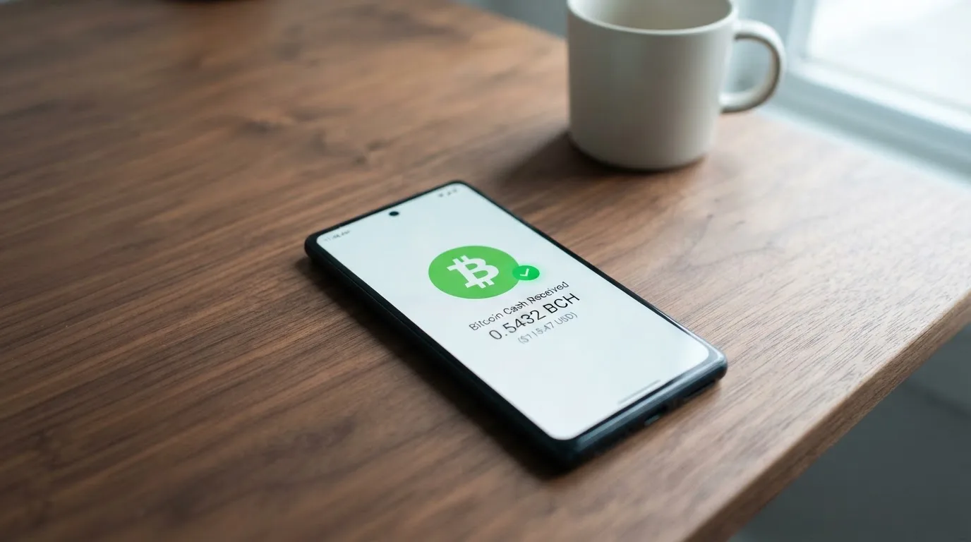 Un monedero cripto en un móvil mostrando una transacción de BCH hacia un casino online