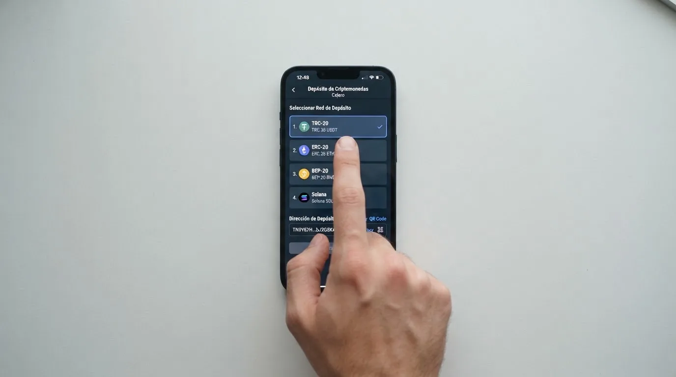 Pantalla de cajero de casino mostrando las redes disponibiles (TRC-20, ERC-20, BEP-20, Solana) para depositar USDT, con una direcciónde depósito generada