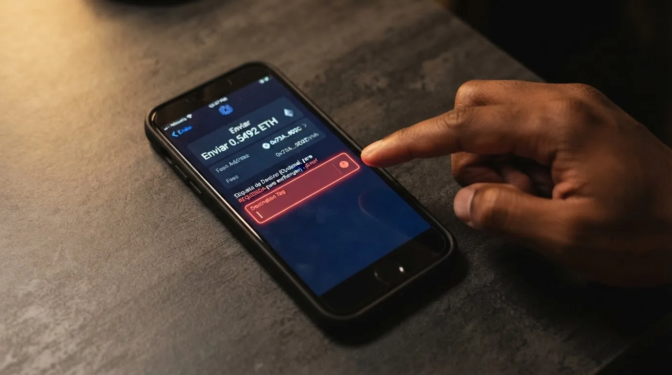 Pantalla de una billetra XRP en el momento de enviar un pago, con el campo «destination tag» señalado y vacío junto a una advertencia en rojo