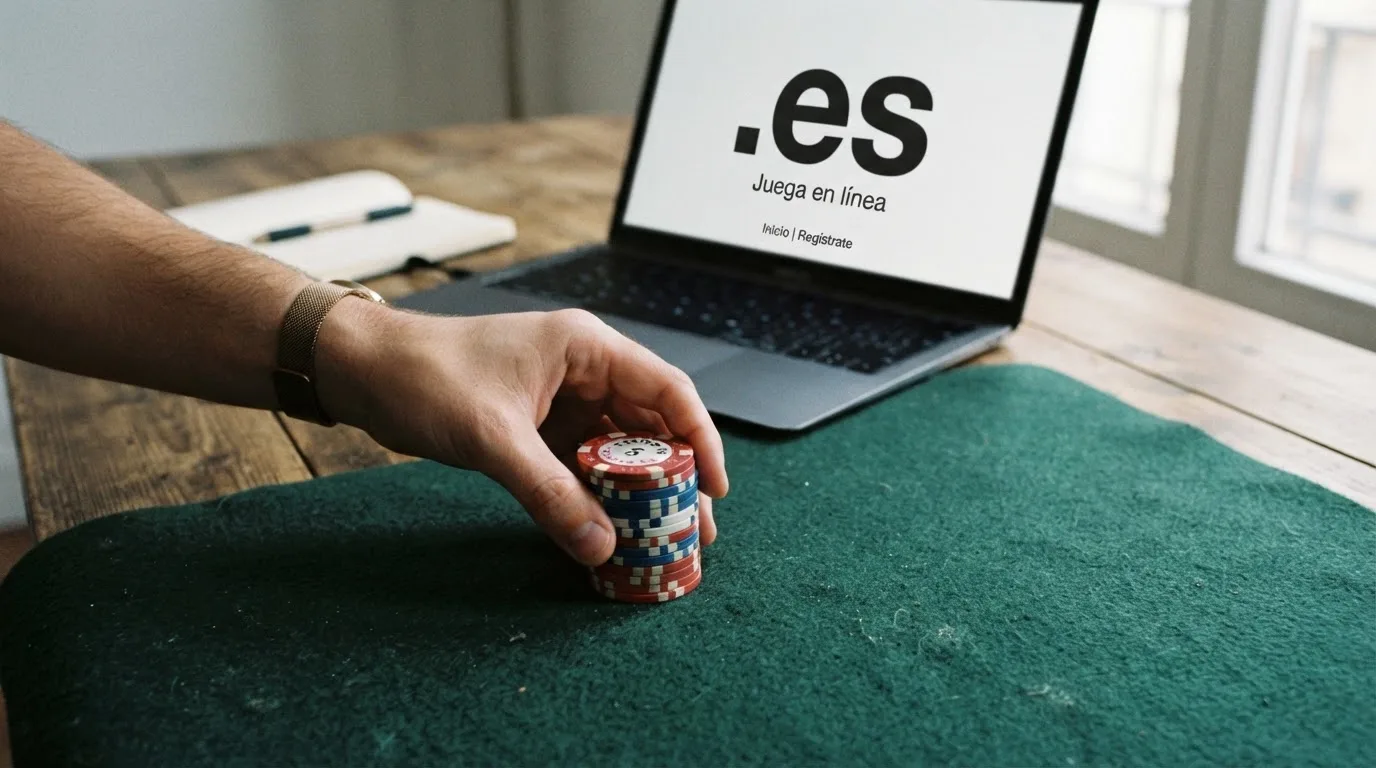 Una mano colocando fichas de colores sobre un tapete de casino, con el dominio .es visible en la pantalla de un portátil al fondo
