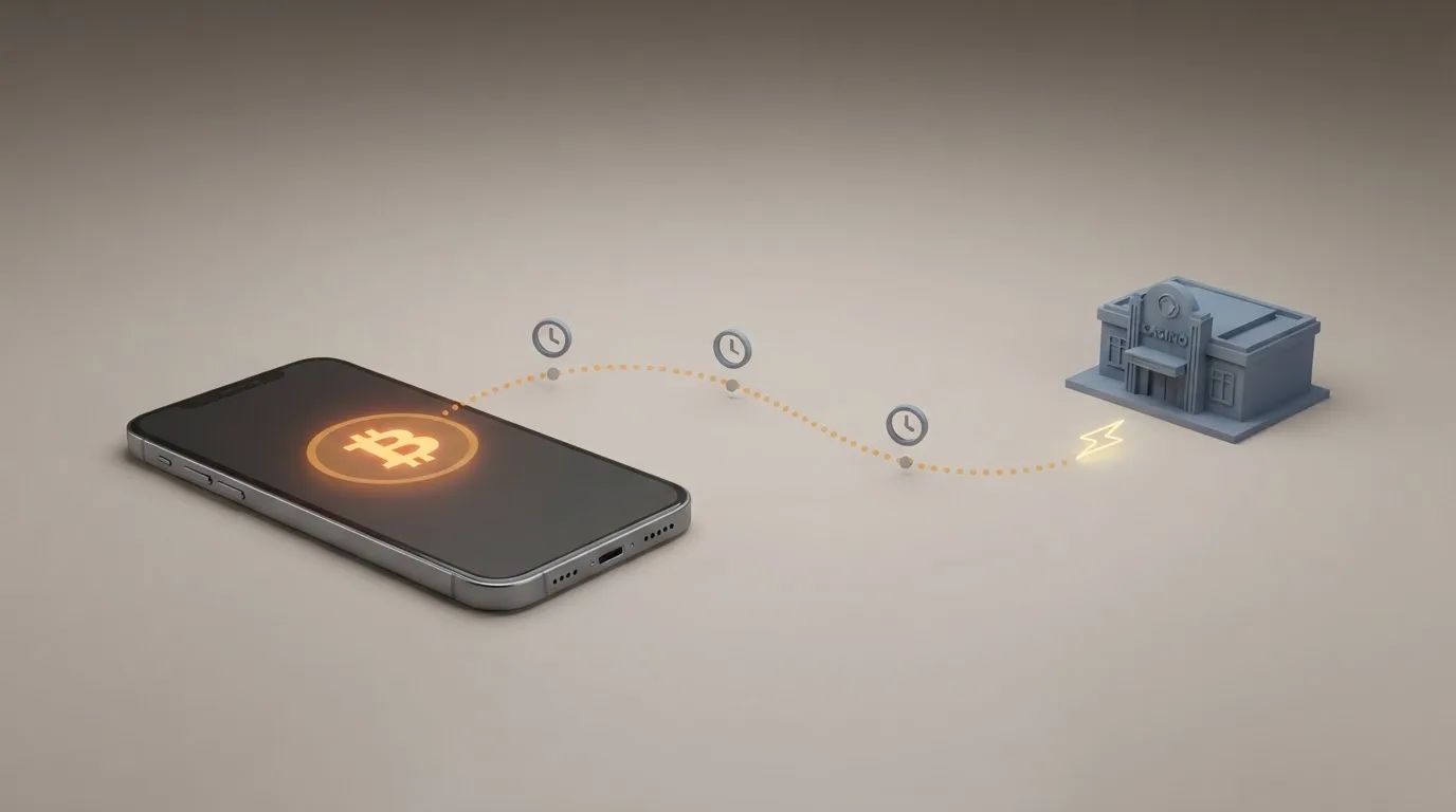 Esquema del recorido de un depóssito con bitcoin: del monedero del jugador a la dirrección del casino, con los tiempos de confirmación según criptomoneda