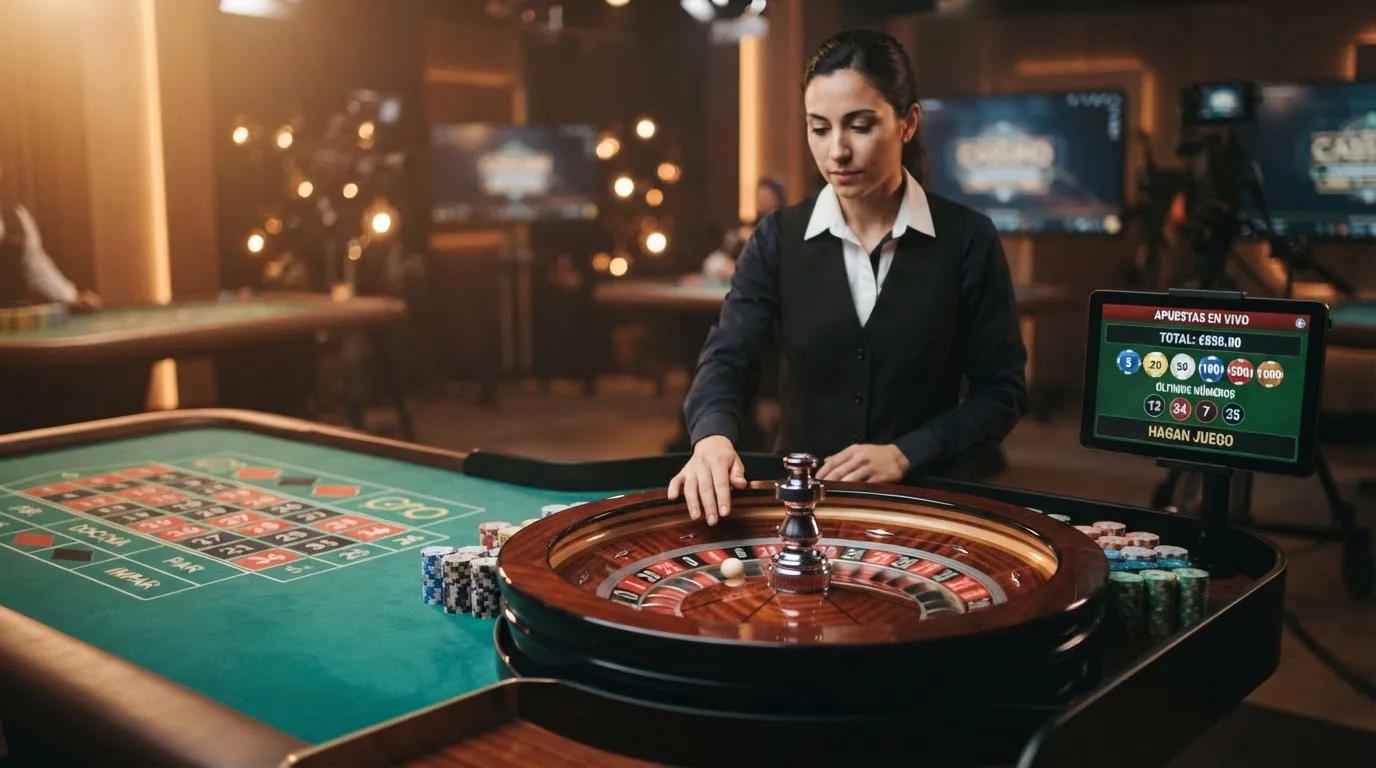 Ruleta en vivo con crupier real en una mesa de casino online, con la interfaz de apuestas en español
