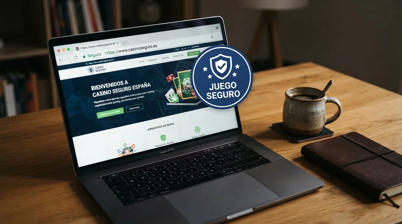 Primer plano de una pantalla con el logo de la DGOJ y el dominio .es de un casino online regulado, con el sello de juego seguro visible