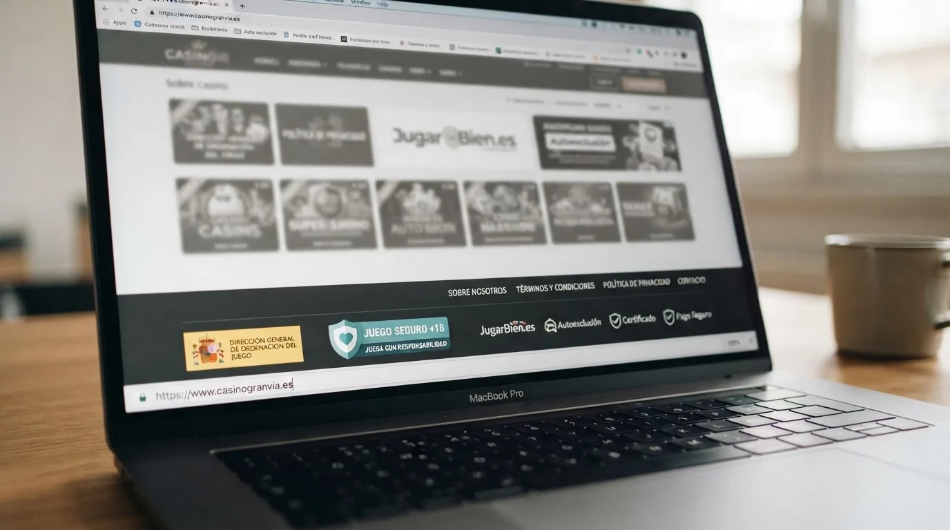 Un detalle del pie de página de un casino online español donde se ve el logo de la DGOJ, el sello de juego seguro y el dominio .es