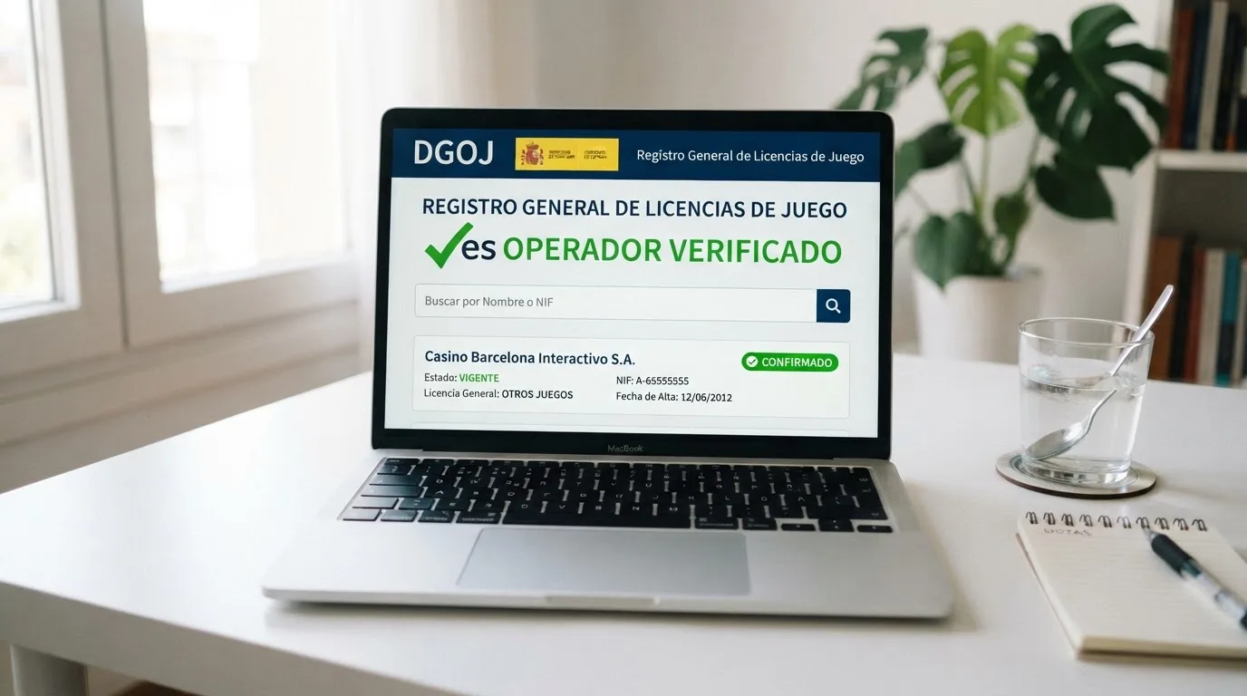 Captura del registro público de la DGOJ mostrando el listado de operadores con licencia en vigor, con el dominio .es visible junto a cada nombre.