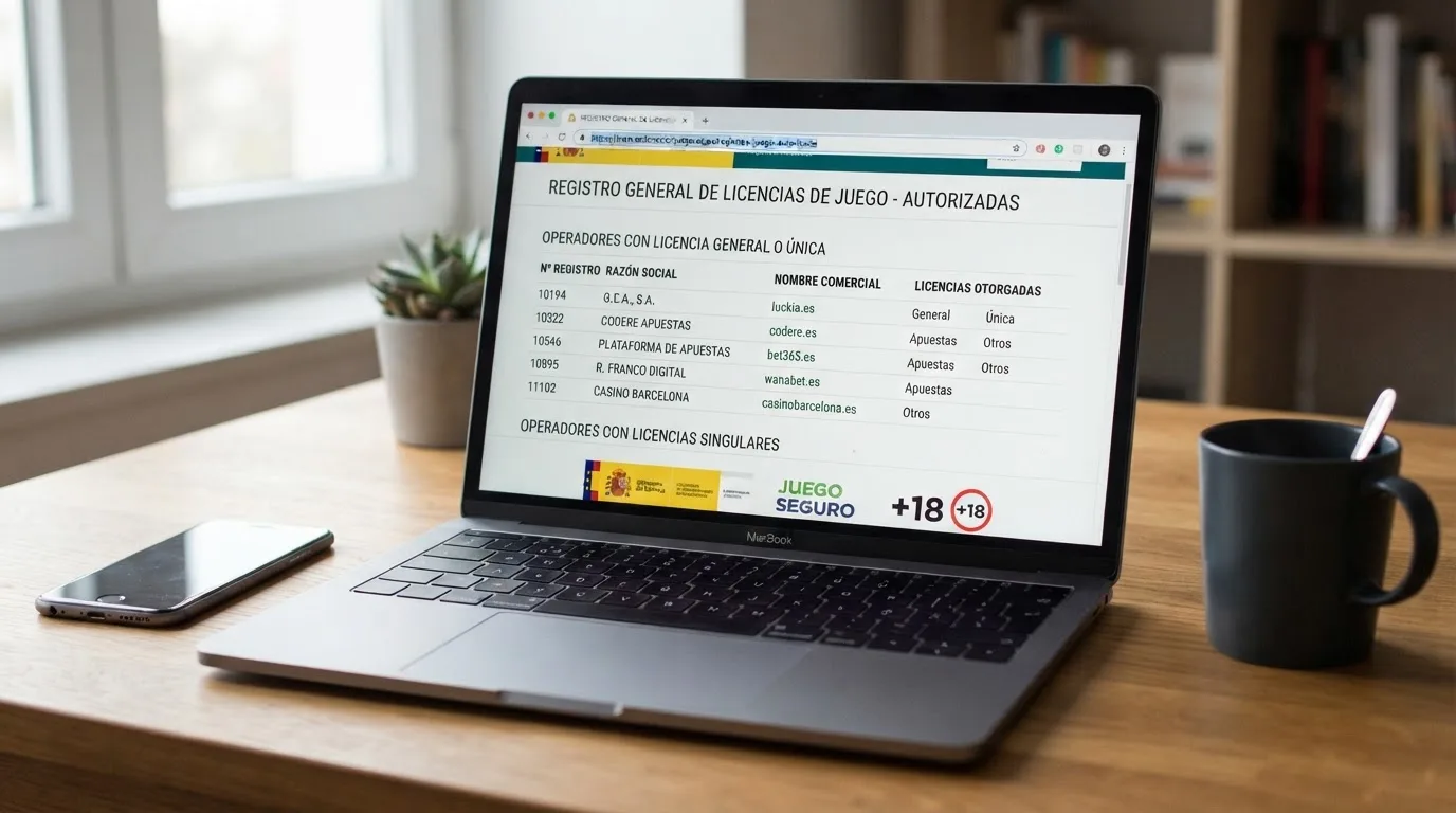 Pantalla del regstro de operadores de la DGOJ (ordenacionjuego.es) con el dominio .es resaltado en la barra de direciones