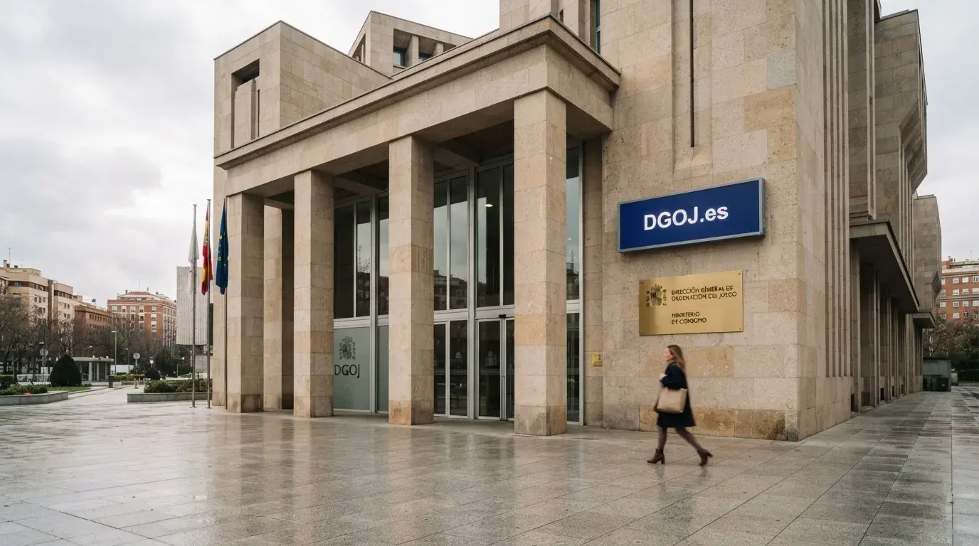 La fachada de un edificio institucional con el logotipo de la DGOJ y el dominio .es visibles en una pantalla