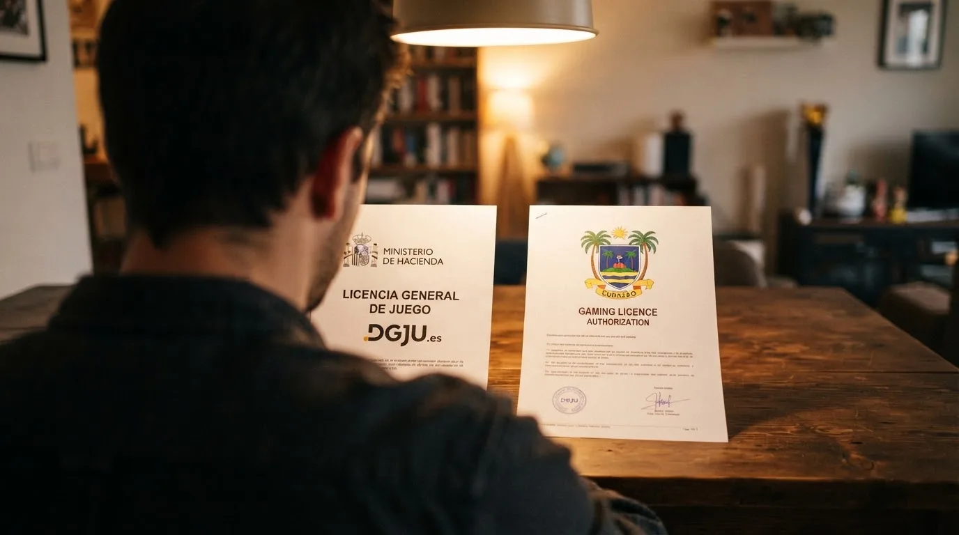 Comparativa visual de dos certificados de licencia: el sello de la DGOJ con dominio .es junto al sello de la Curazao Gaming Authority, con un jugador en medio mirando ambas opciones