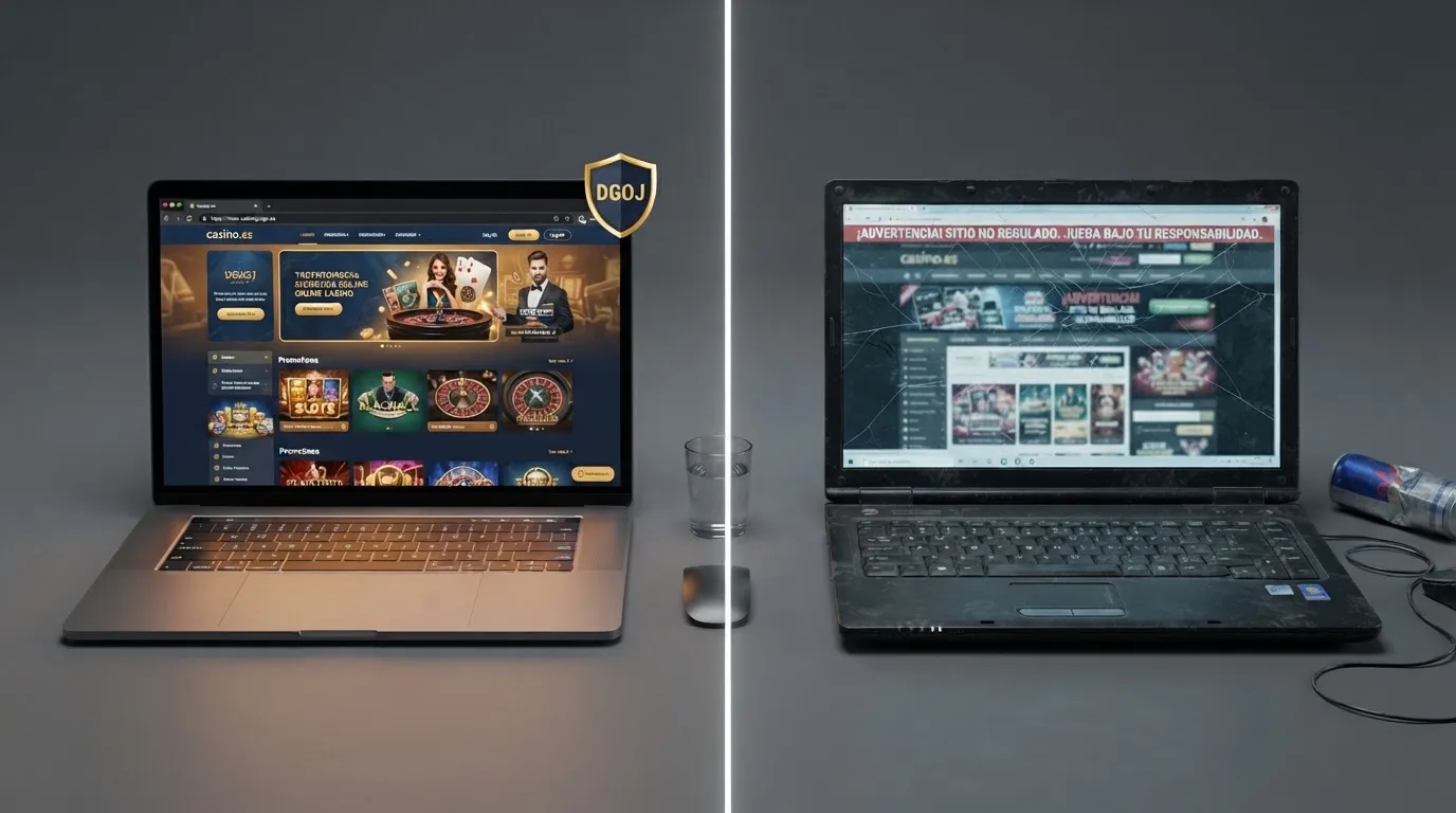 Pantalla dividida entre un casino con dominio .es y sello DGOJ visible frente a un sitio sin licencia con advertencia de riesgo