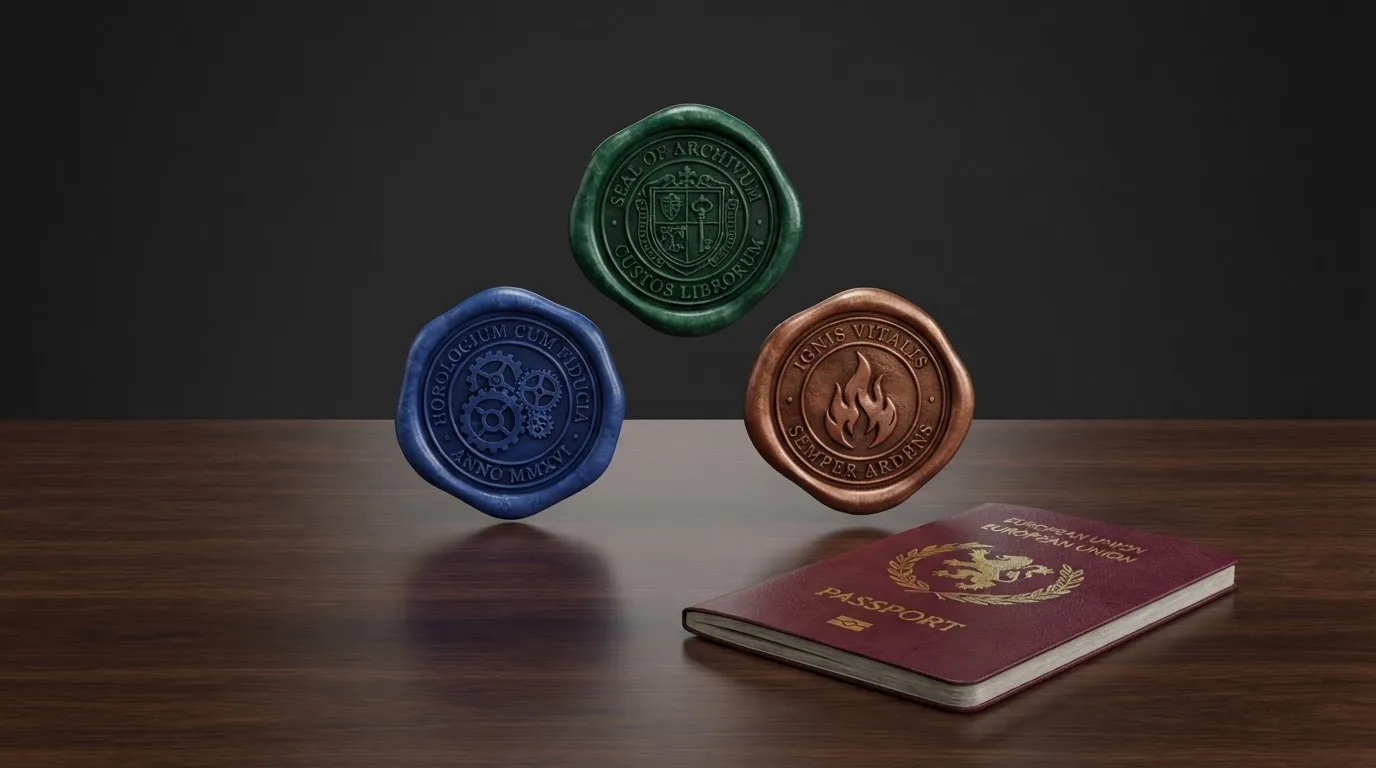 Tres sellos oficiales sobre una mesa — uno dice Curaçao Gaming Authority, otro Anjouan, otro Costa Rica — junto a un pasaporte español cerrado