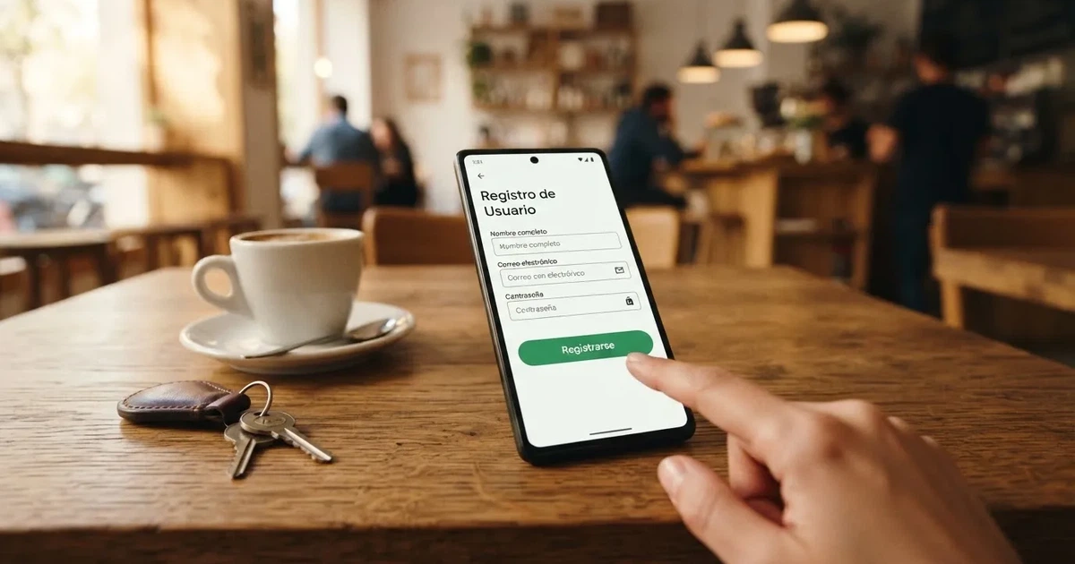 Mano sosteniendo un móvil con la pantalla de registro de un casino online, junto a un café y unas llaves sobre una mesa.