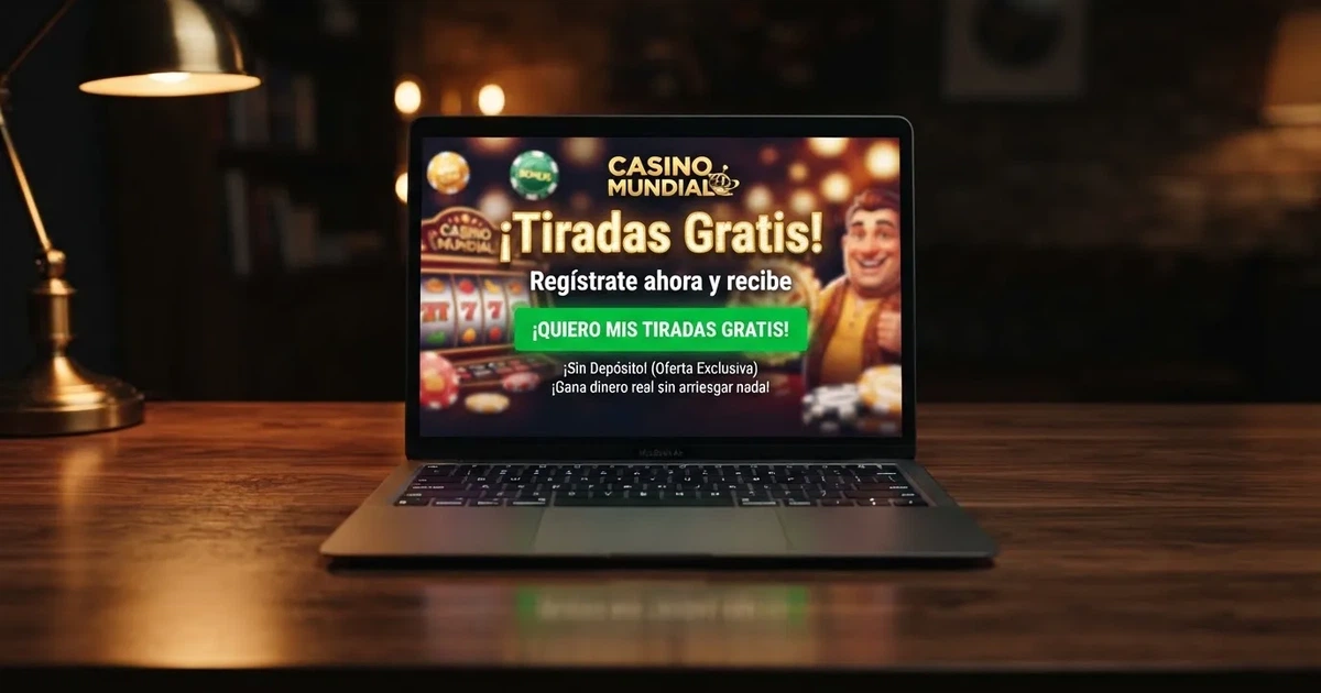 Interfaz de un casino online español con una oferta de tiradas gratis destacada en la pantalla de bienvenida, junto al texto «sin depósito» y el botón de registro.