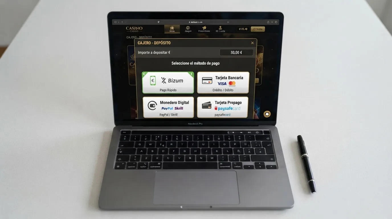 Cajero virtual de un casino online español con los iconos de Bizum, tarjeta bancaria, PayPal y Paysafecard como opciones de depósito
