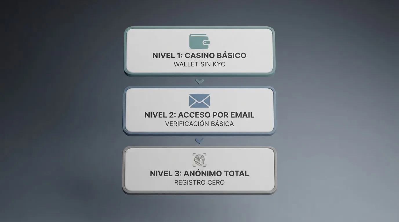 Esquema visual con los tres niveles de anonimato en casinos cripto: acceso solo con wallet, registro con email y verificación completa bajo condiciones