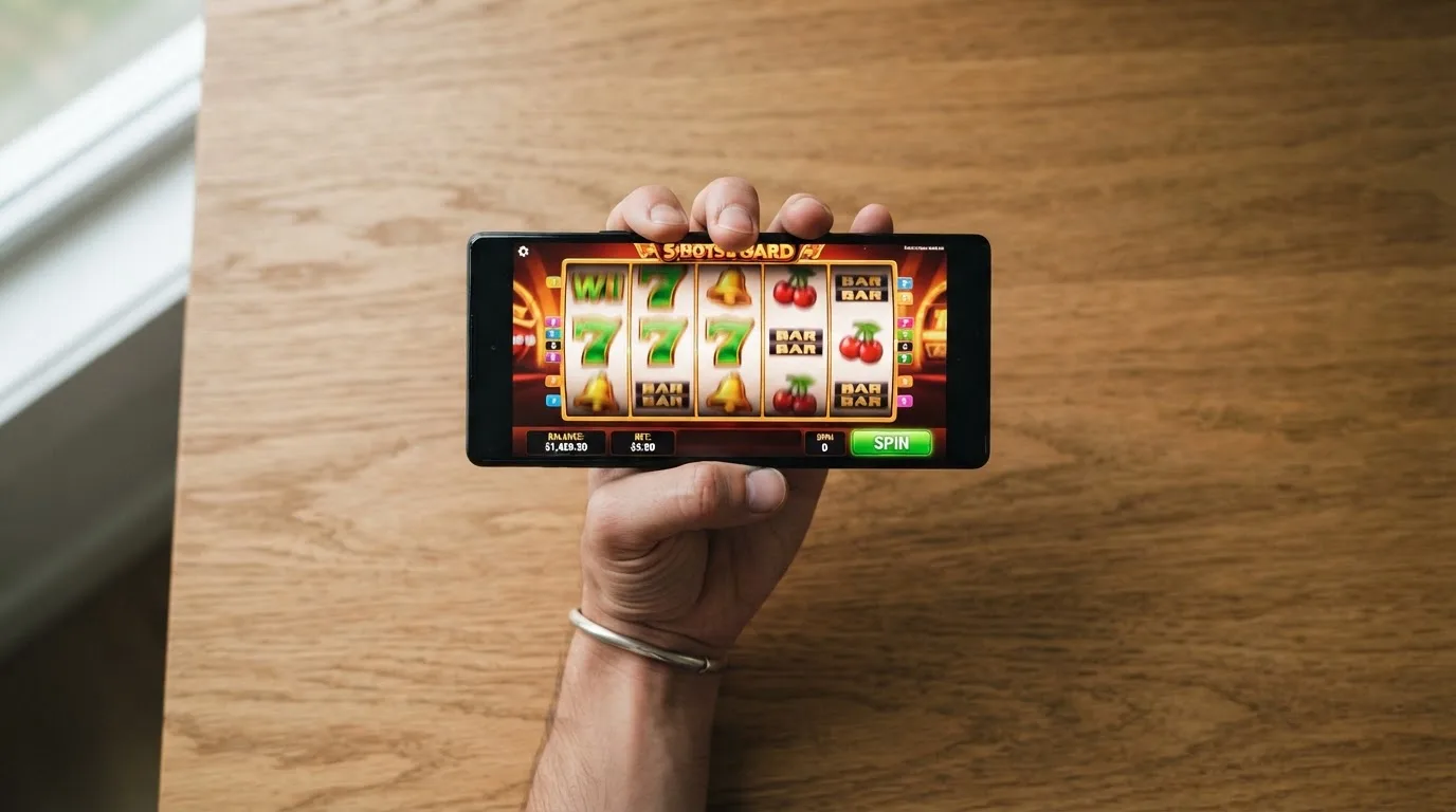 Mano sosteniendo un teléfono móvil con una slot de Playson activa en posición horizontal
