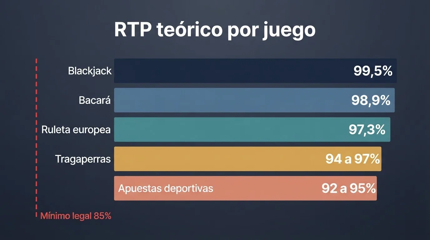 Infografía con el RTP teórico de los principales juegos de casino online: blackjack 99,5%, bacará 98,9%, ruleta europea 97,3%, slots 94-97% y apuestas deportivas 92-95%