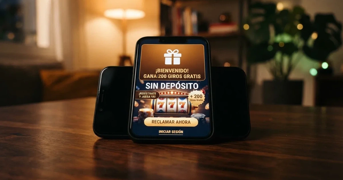 Primer plano de una pantalla de móvil mostrando la sección de promociones de un casino online español, con un icono de regalo y la palabra «sin depósito» visible en la interfaz