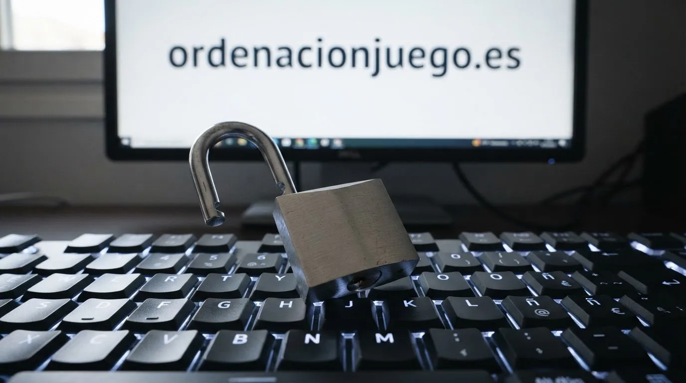 Un candado abierto sobre un teclado retroiluminado, con el texto «ordenacionjuego.es» legible en la pantalla