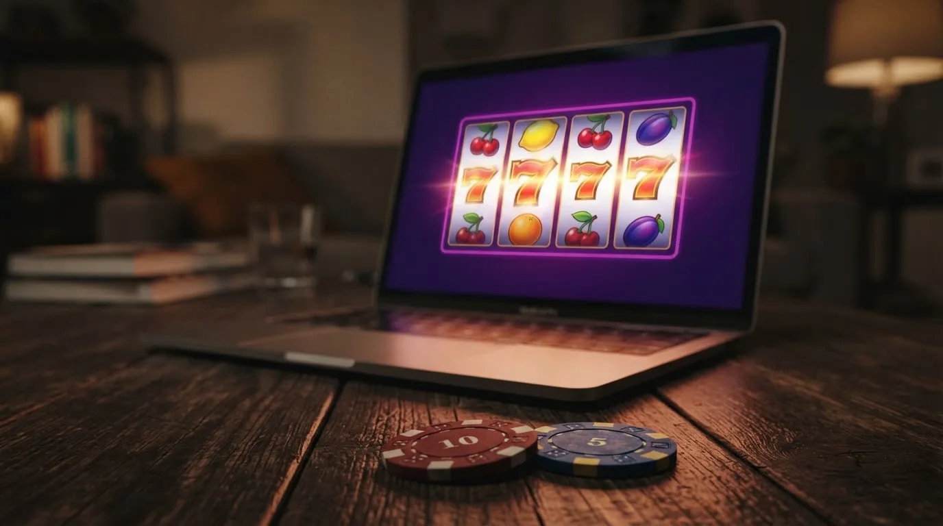 Una cuadrícula de carátulas de tragaperras online con fichas de casino de 5 euros en primer plano