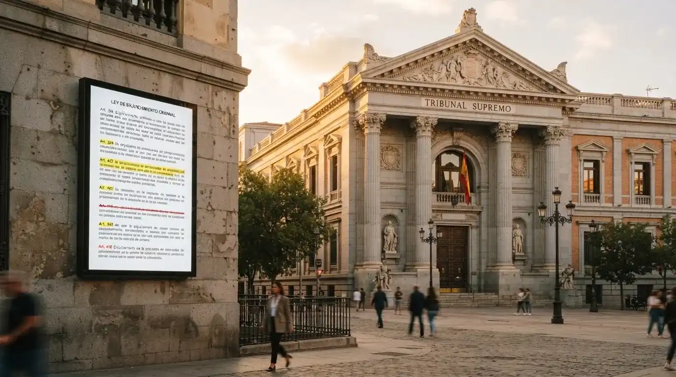 Fachada de la sede del Tribunal Supremo en Madrid junto a una pantalla que muestra el texto del RD 958/2020 con los artículos anulados resaltados