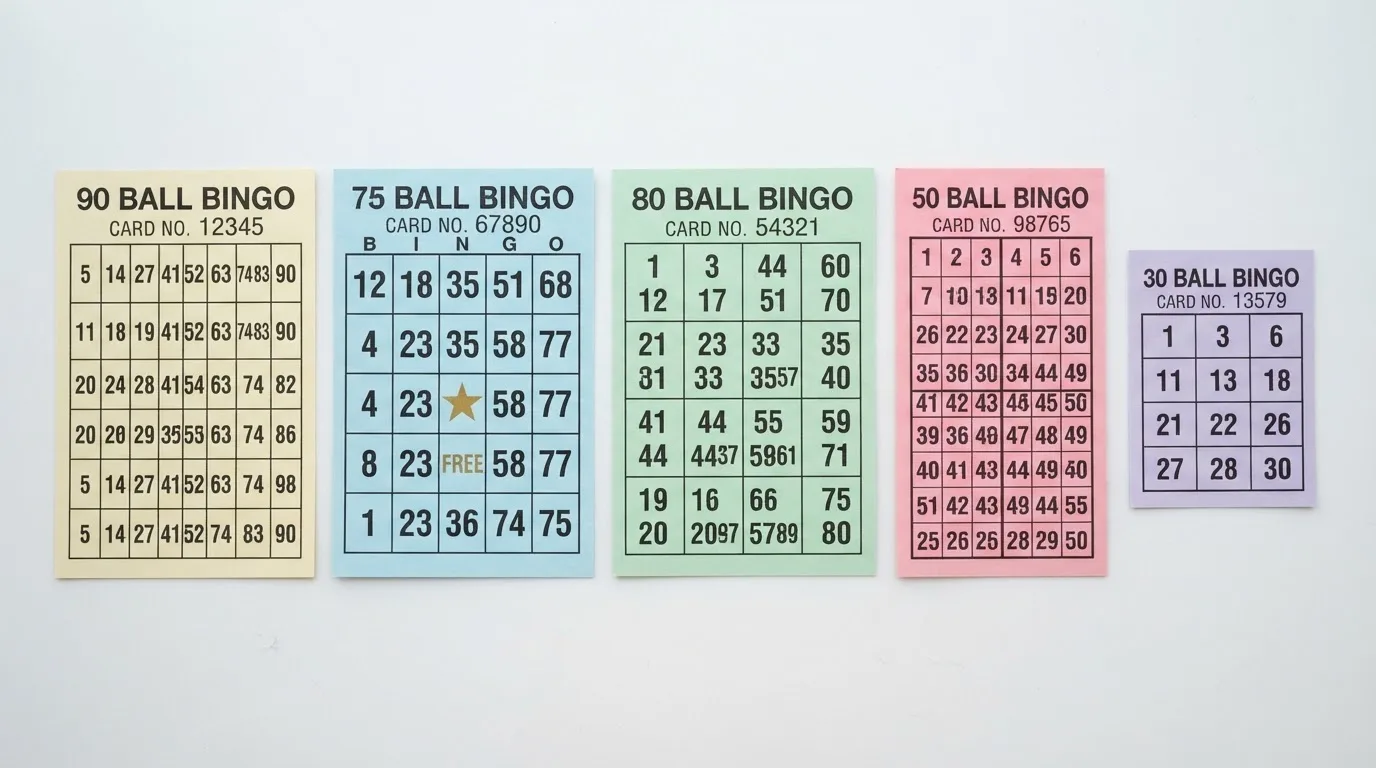 Cinco cartones de bingo alineados mostrando las diferencias de tamaño y estructura entre las variantes de 90, 75, 80, 50 y 30 bolas